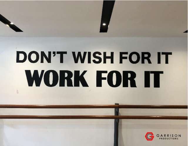"Don't wish for it, work for it" die-cut gym lettering — Die Cut Stickers by Garrison Productions, Singapore