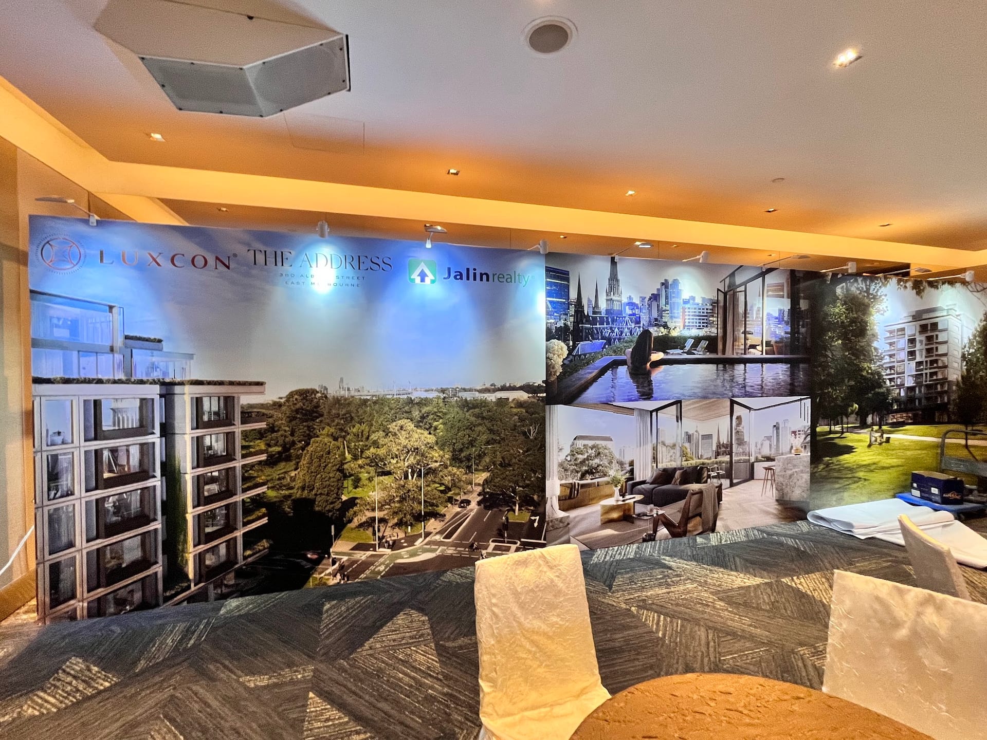 Property launch backdrop with building render — Event Backdrop by Garrison Productions, Singapore