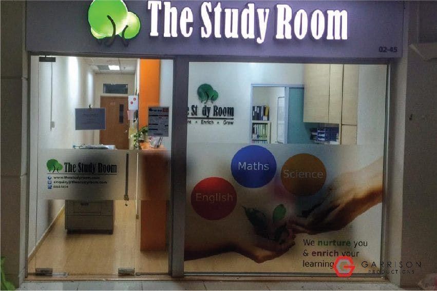 The Study Room frosted shopfront film — frosted glass sticker design in Singapore by Garrison Productions