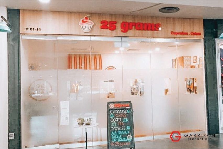 25 Grams frosted shopfront film — frosted glass sticker in Singapore by Garrison Productions
