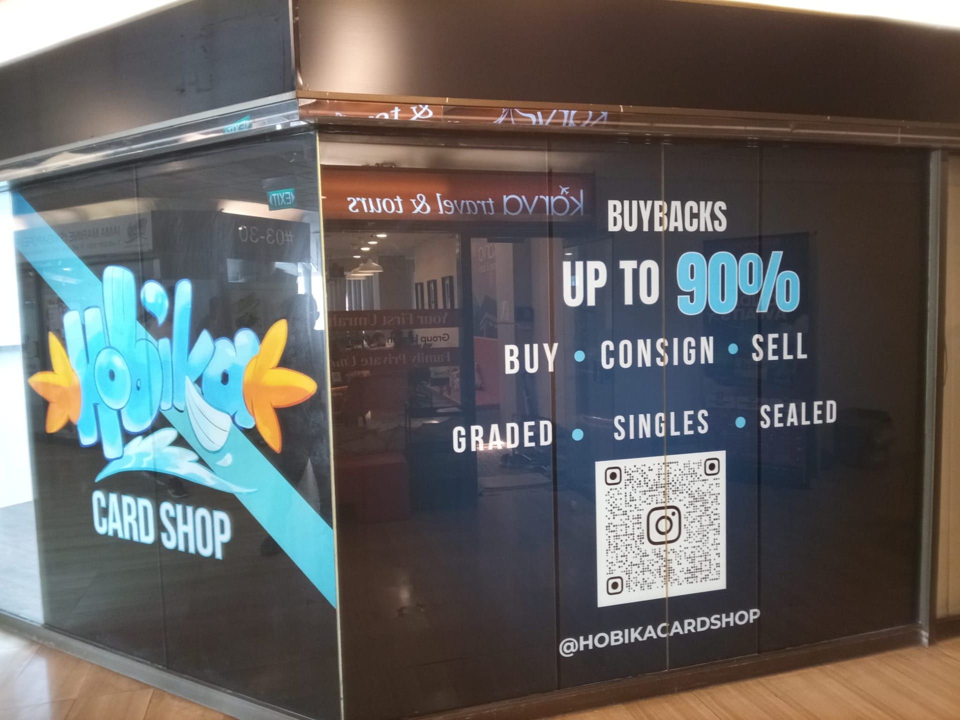 Hobi Card Shop "Buybacks up to 90%" glass sticker — Glass Stickers by Garrison Productions, Singapore