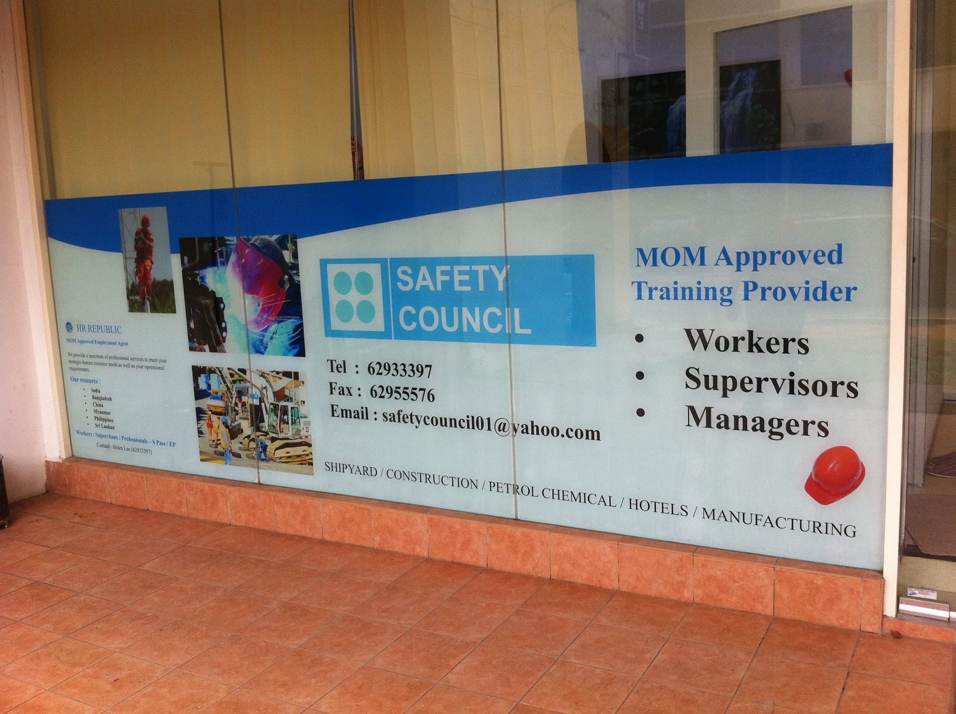 Safety Council MOM training provider shopfront glass sticker — glass sticker printing in Singapore by Garrison Productions