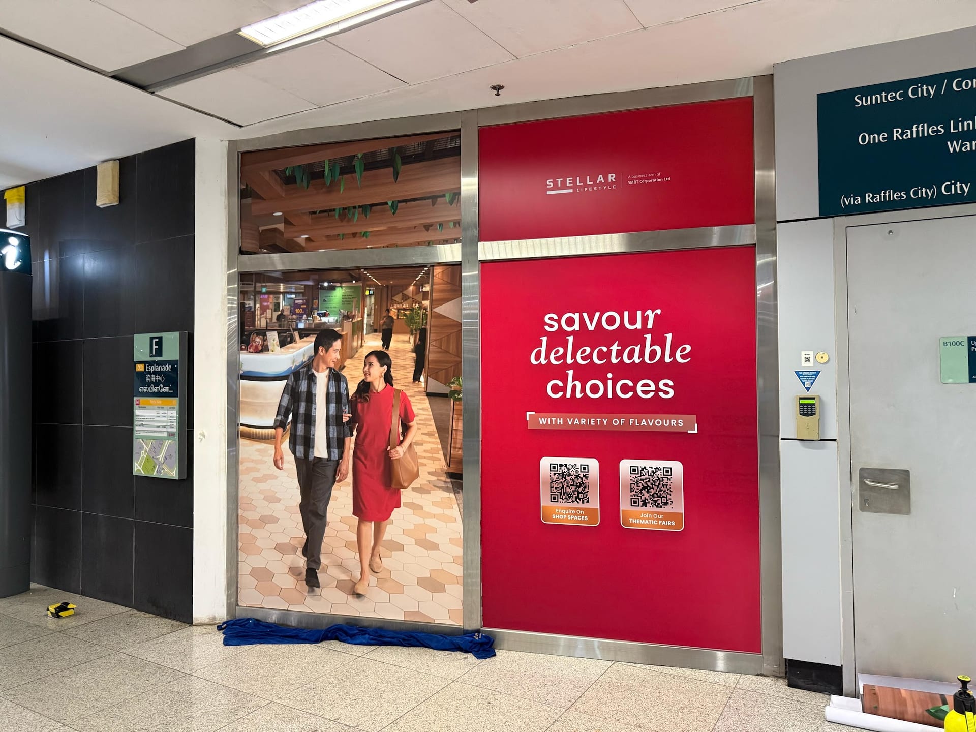 "Savour delectable choices" red food court hoarding — Hoarding Sticker Printing by Garrison Productions, Singapore