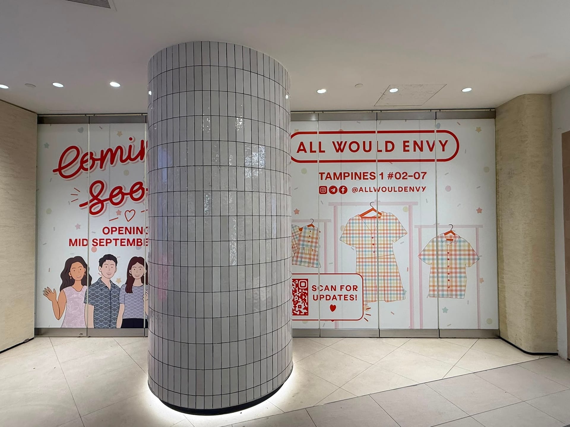 "Coming soon, mid September" mall hoarding wrapped round a pillar — Hoarding Sticker Printing by Garrison Productions, Singapore