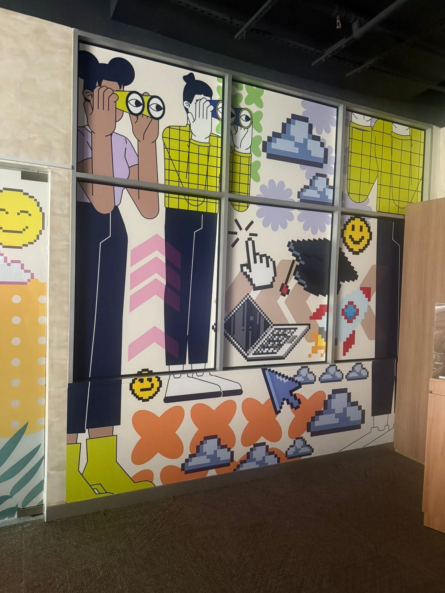 Illustrated characters wall mural around a window — Wall Mural by Garrison Productions, Singapore