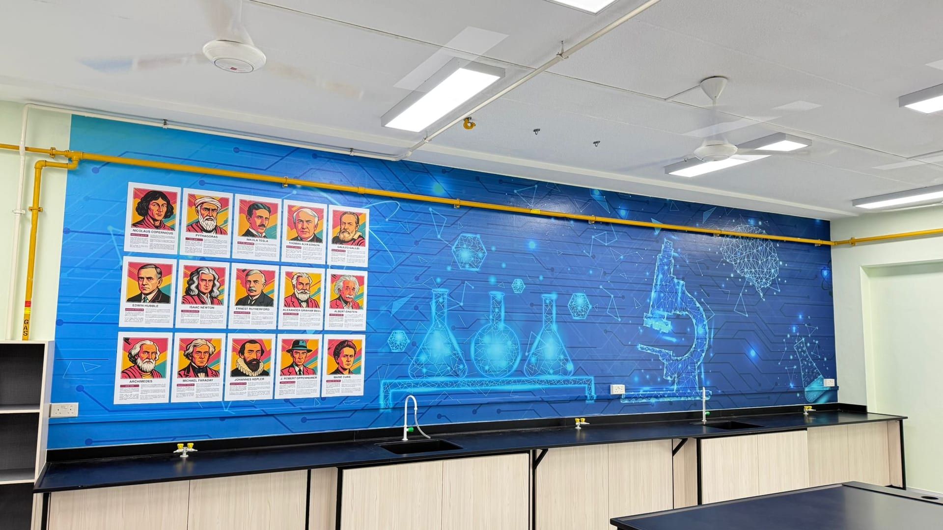 Blue science-themed classroom wall mural — Wall Mural by Garrison Productions, Singapore