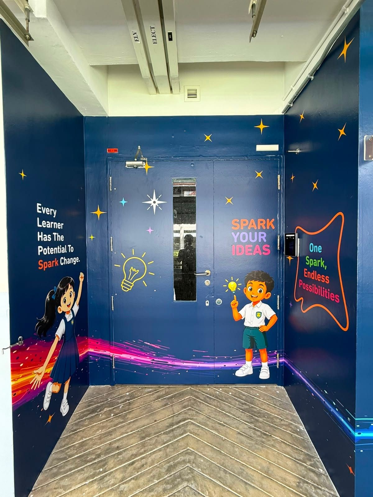 Blue school wall mural with illustrated children — Wall Mural by Garrison Productions, Singapore