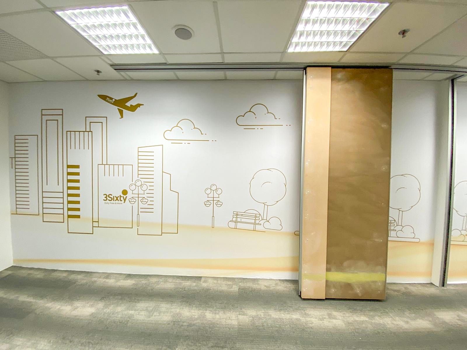 Line-drawing city wall mural with an aeroplane — Wall Mural by Garrison Productions, Singapore