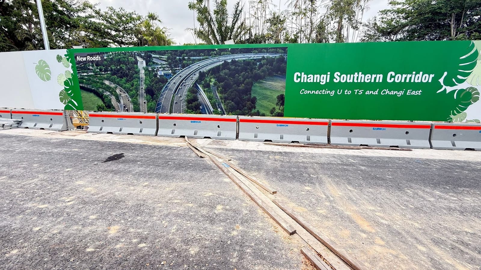 LTA road-works construction hoarding fence on the way to Changi Airport